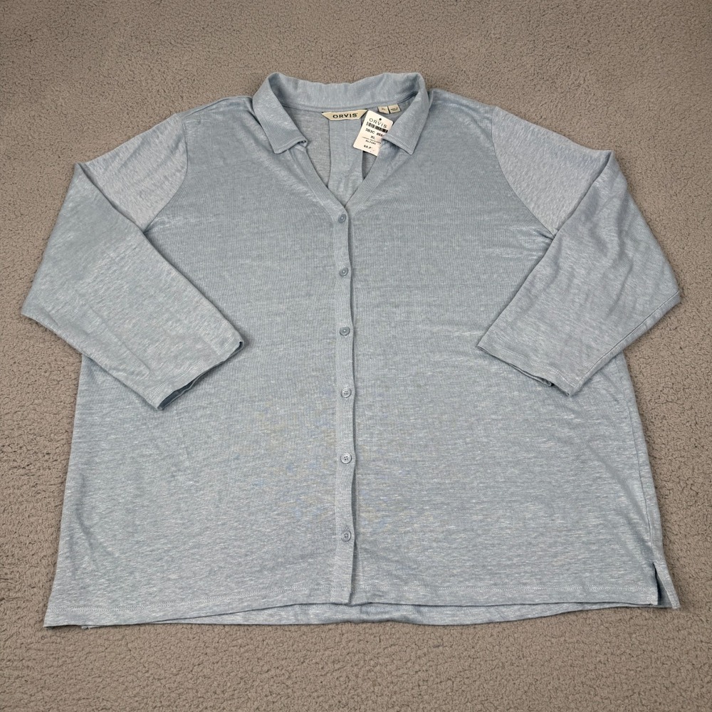 Orvis Lakeside Linen Shirt Womens XL Blue 3/4 Sleeve Button Up Top Coastal NWT